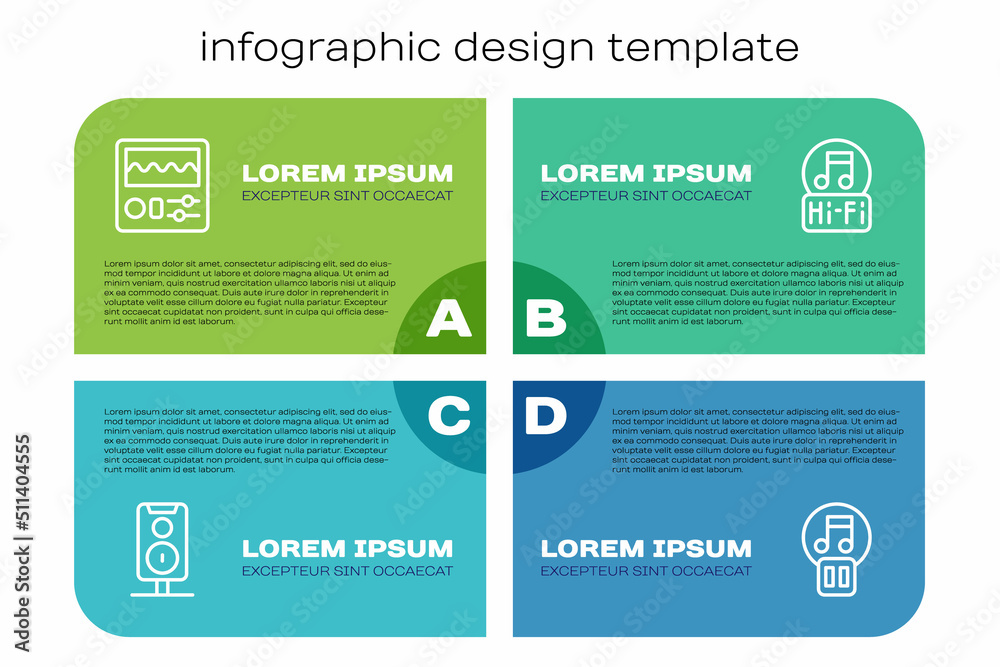 Set line Stereo speaker, Drum machine, Pause button and Music note, tone. Business infographic templ