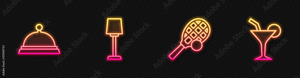 Set line Tennis racket with ball, Covered tray of food, Table lamp and Cocktail. Glowing neon icon. 