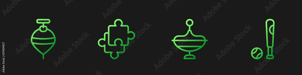 Set line Whirligig toy, Puzzle pieces and Baseball bat with ball. Gradient color icons. Vector