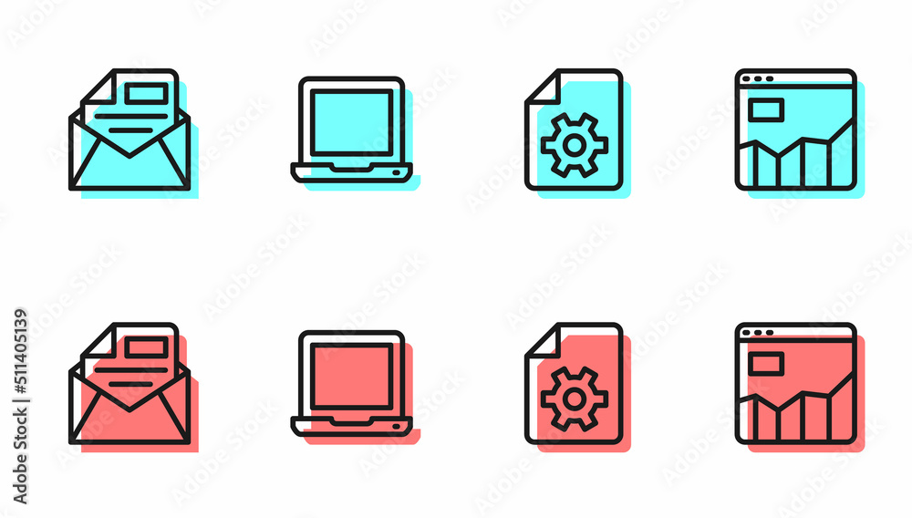 Set line Document settings, Mail and e-mail, Laptop and Graph chart infographic icon. Vector