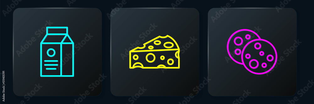 Set line aper package for milk, Cookie with chocolate and Cheese. Black square button. Vector