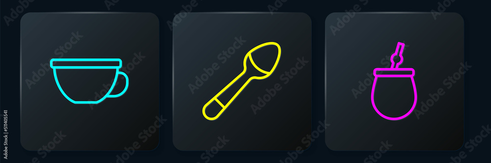 Set line Cup of tea, Mate and Teaspoon. Black square button. Vector