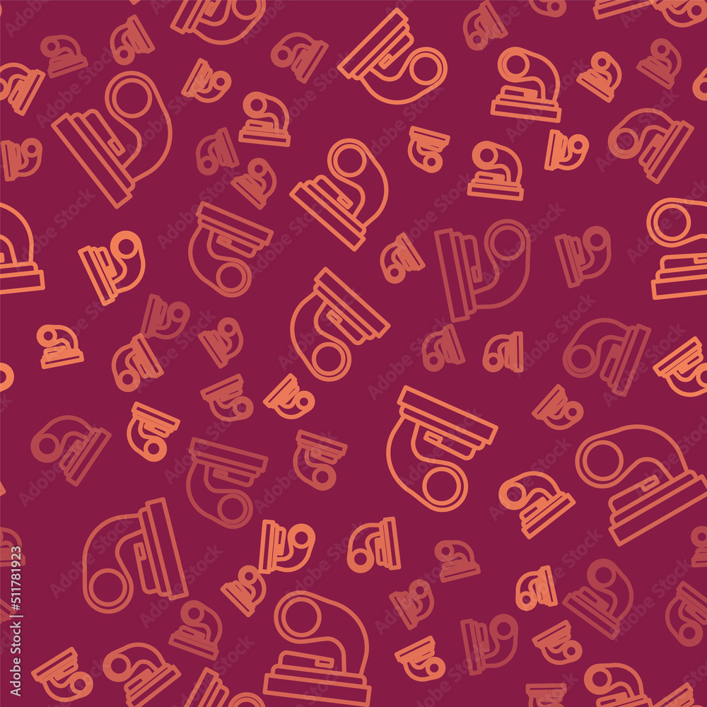 Brown line Old gramophone icon isolated seamless pattern on red background. Vector