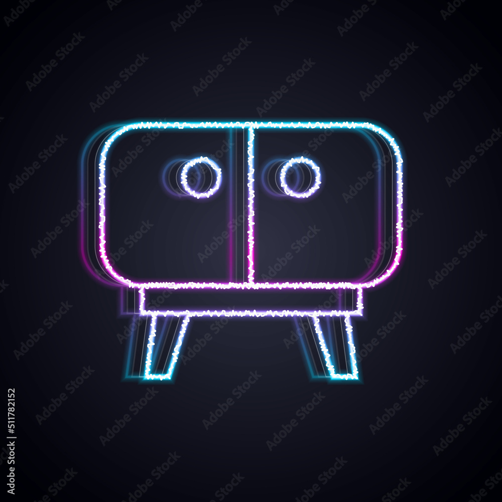 Glowing neon line TV table stand icon isolated on black background. Vector