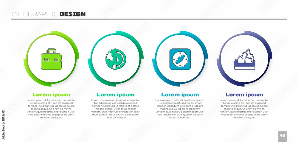 Set Briefcase, Earth core structure crust, Compass and Ore mining. Business infographic template. Ve