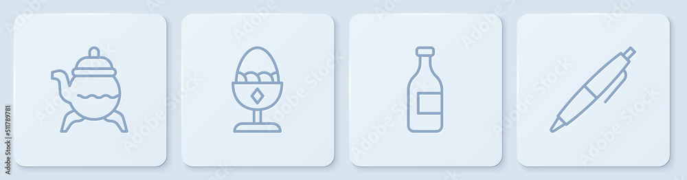 设线经典茶壶，一瓶葡萄酒，鸡蛋架和钢笔。白色方形按钮。矢量