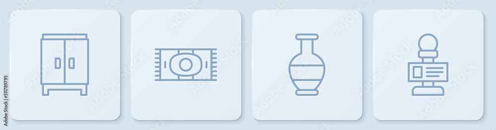 套装衣柜，古代双耳瓶，经典地毯和麦克风。白色方形按钮。矢量