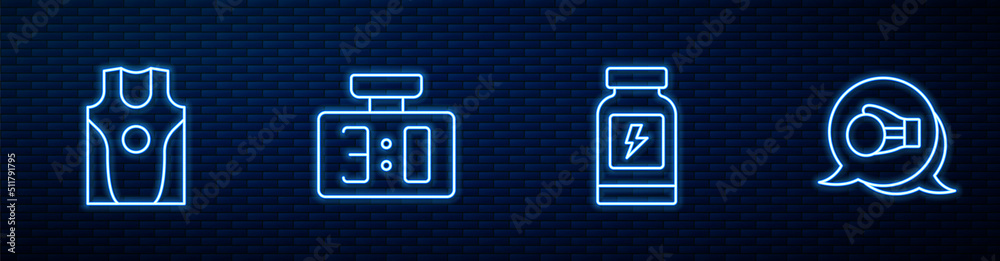 Set line能量饮料，拳击球衣和t恤，运动机械记分牌和手套。Glowing neo