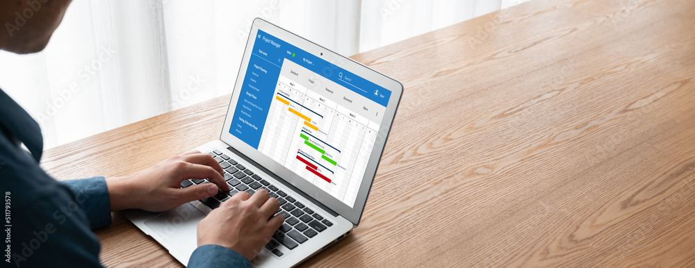 Project planning software for modish business project management on the computer screen showing time