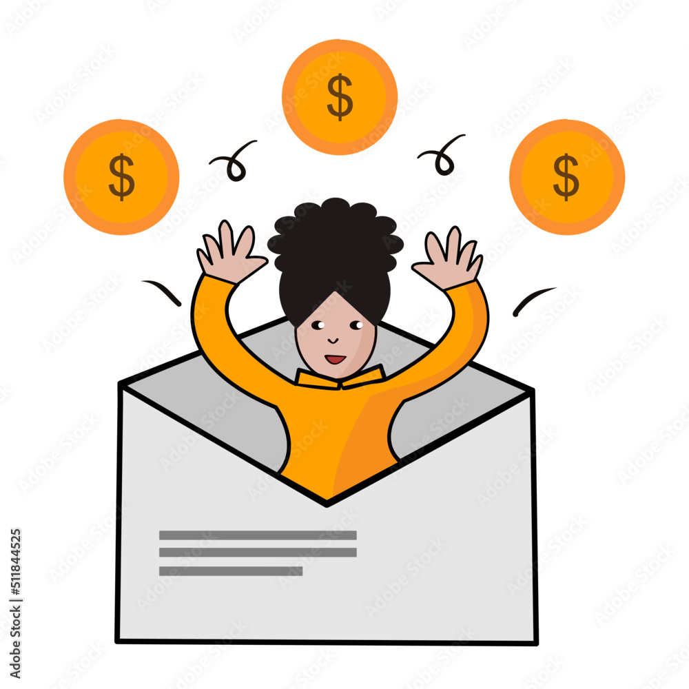 The cute woman checks the email, opened the envelope, and celebrating. Thin outline vector illustrat