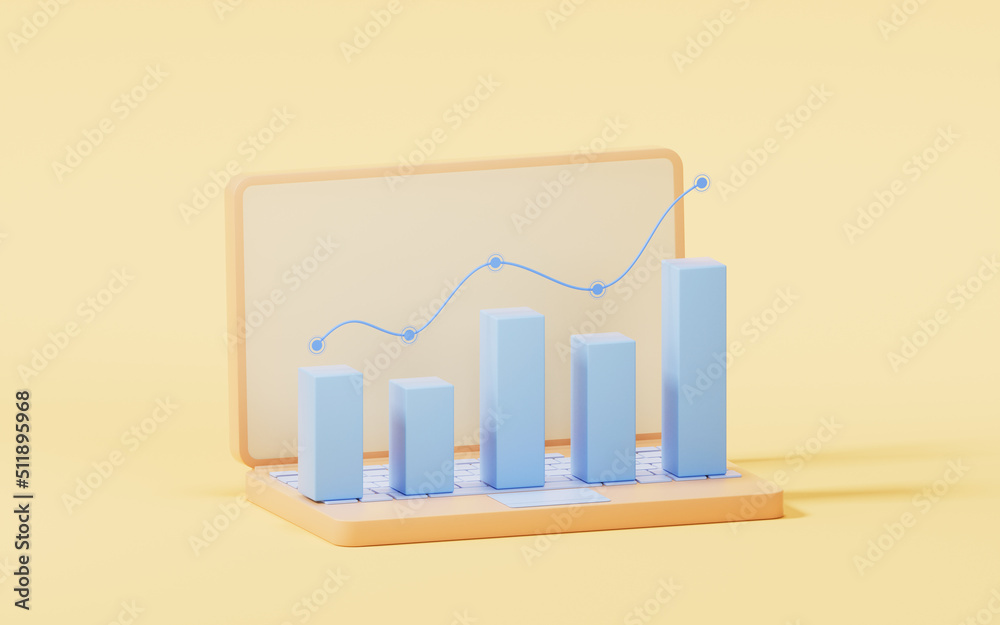 Bar graph with growth trend, 3d rendering.