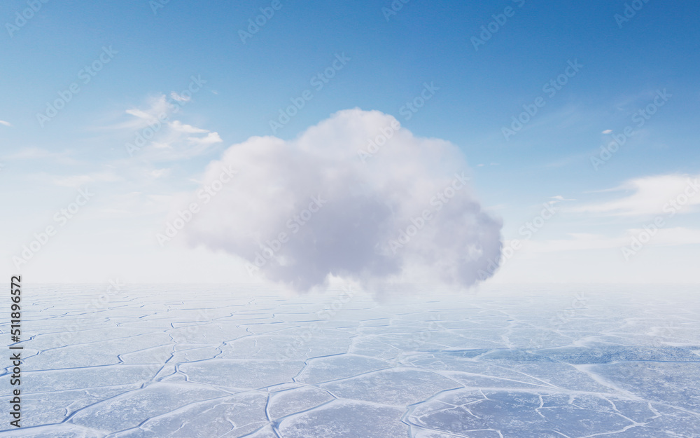 Ice ground with white cloud, 3d rendering.