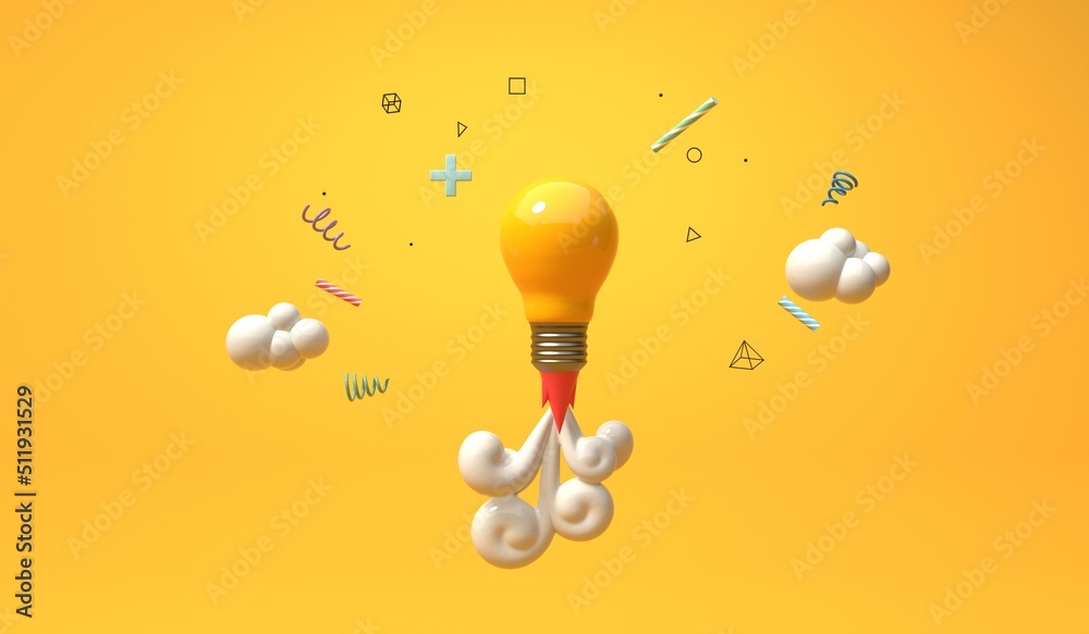 Light bulb flying to the sky like a rocket - 3D render