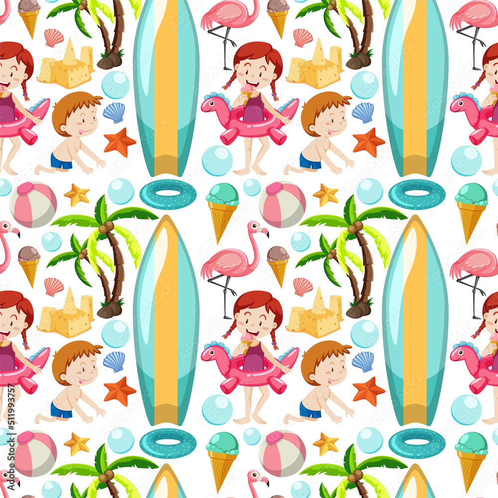 Children and summer objects seamless pattern