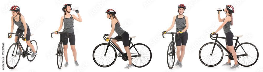 Set of female cyclist with bicycle on white background