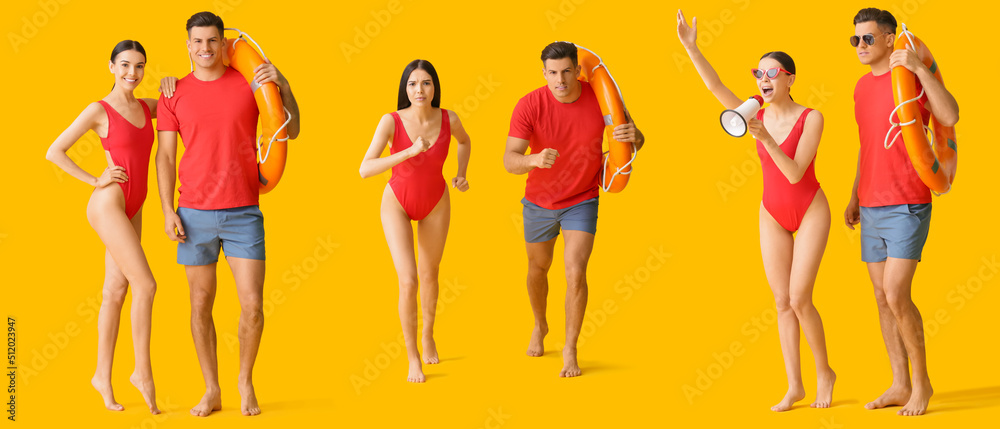 Set of lifeguards on yellow background