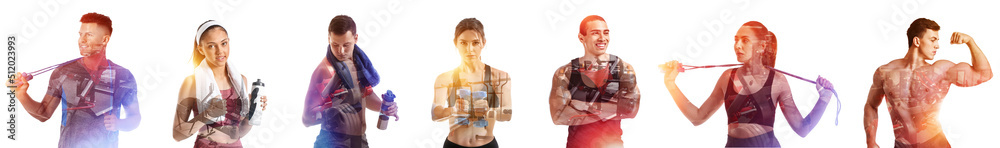 Double exposure of sporty people and modern gym on white background