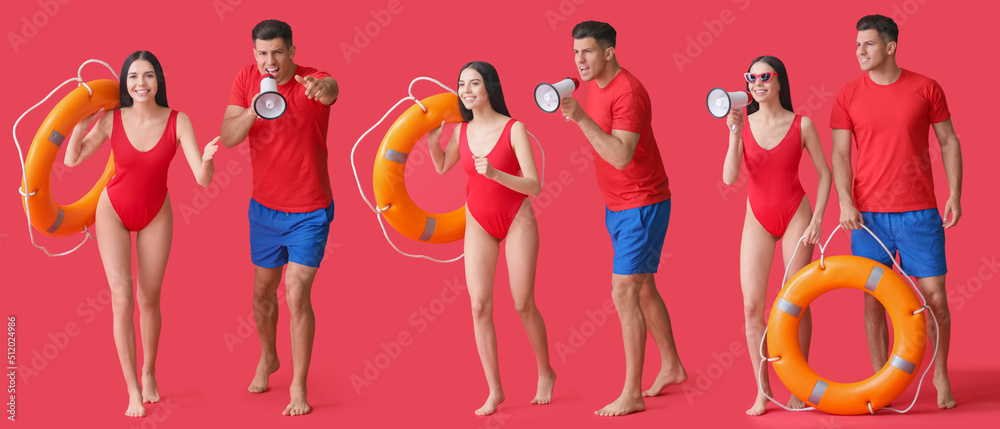 Set of lifeguards on red background