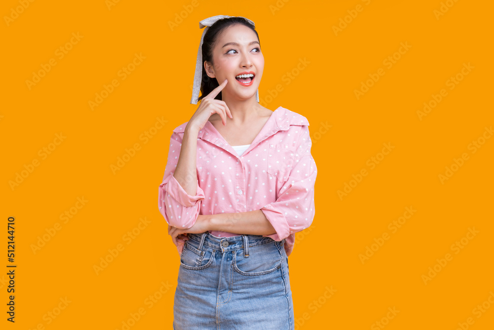 casual happiness asian female woman smiling cheerful in pink shirt blue jean relax peaceful positive