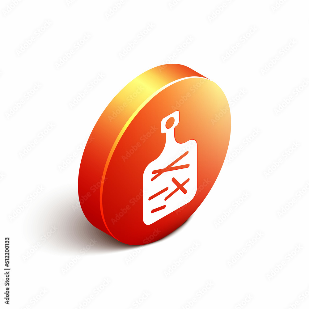 Isometric Cutting board icon isolated on white background. Chopping Board symbol. Orange circle butt