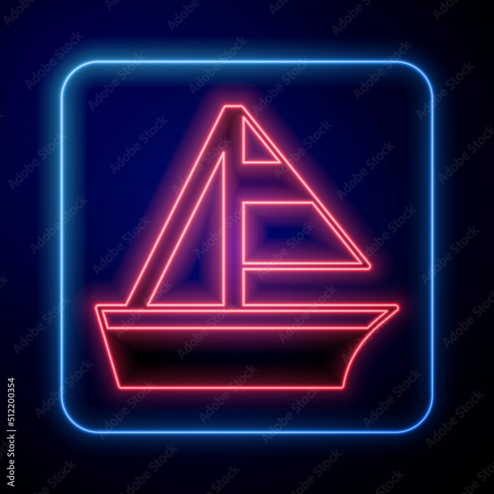 Glowing neon Yacht sailboat or sailing ship icon isolated on black background. Sail boat marine crui