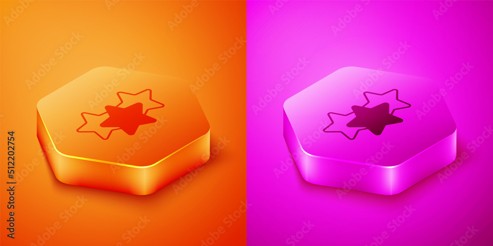 Isometric Five stars customer product rating review icon isolated on orange and pink background. Fav