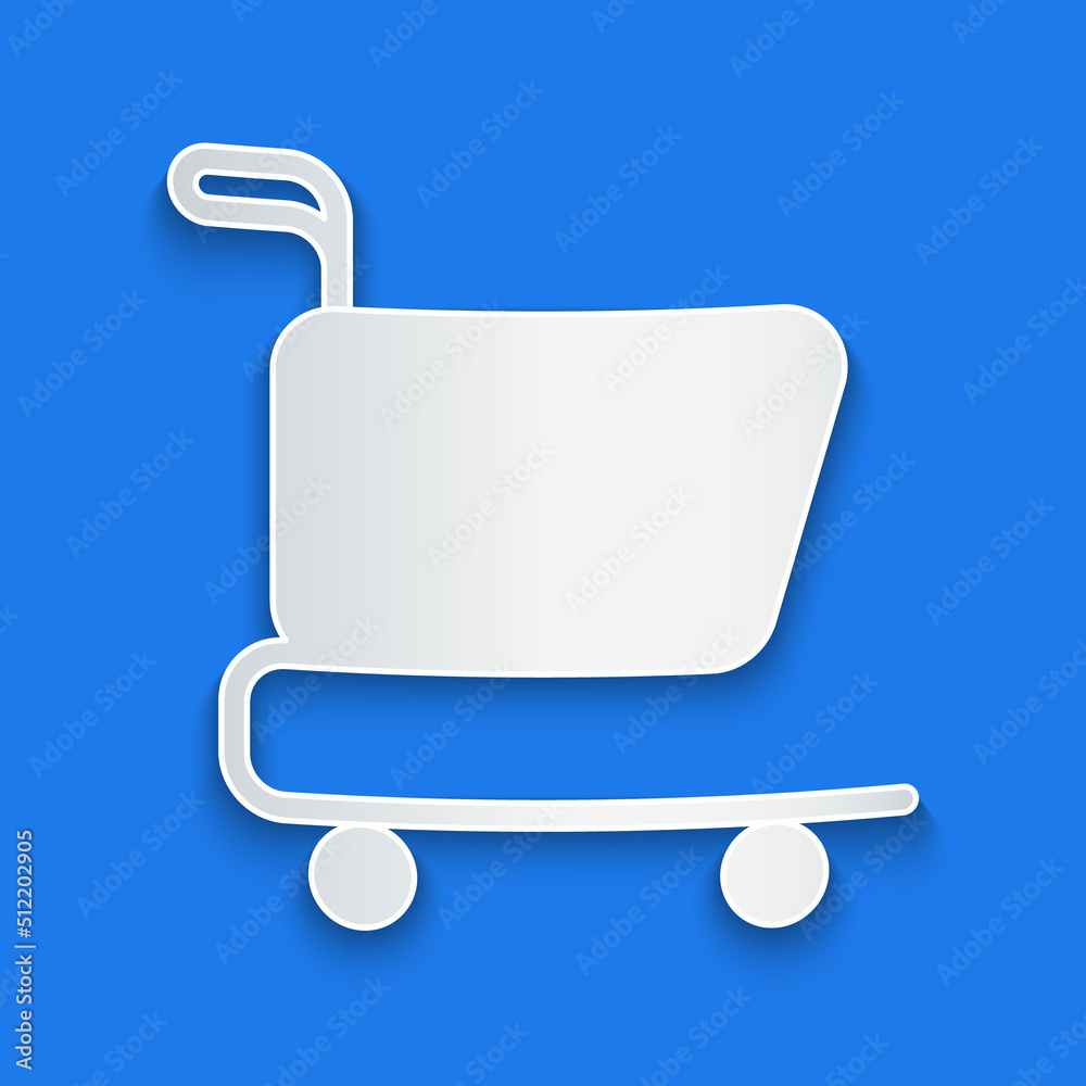 Paper cut Shopping cart icon isolated on blue background. Online buying concept. Delivery service si