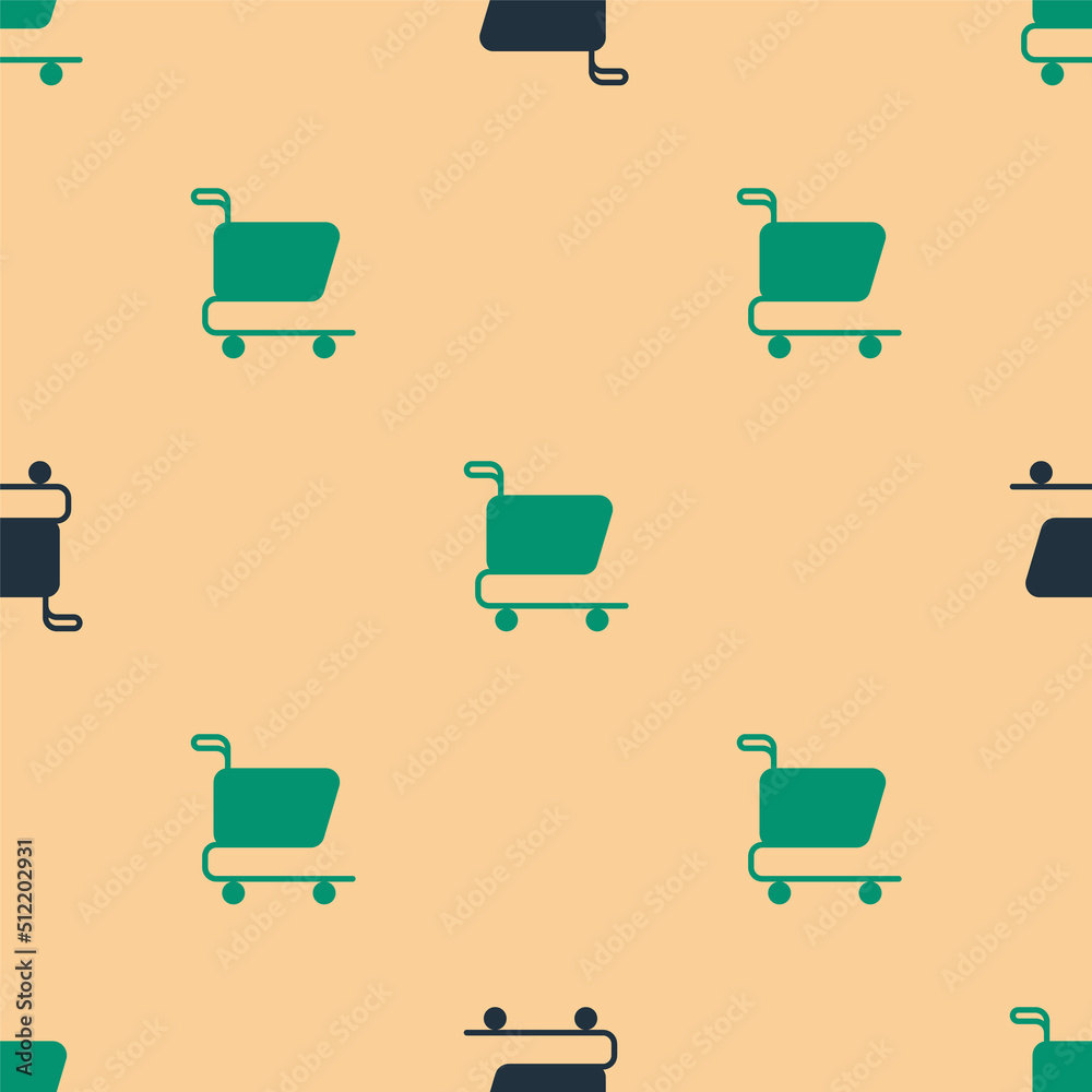 Green and black Shopping cart icon isolated seamless pattern on beige background. Online buying conc