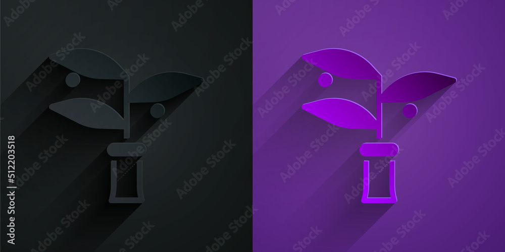 Paper cut Plant breeding icon isolated on black on purple background. Plants growing in the test tub