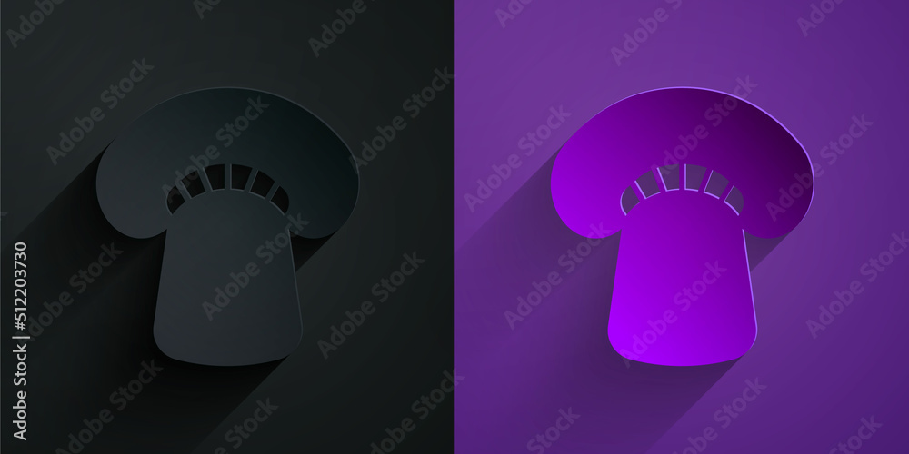 Paper cut Mushroom icon isolated on black on purple background. Paper art style. Vector