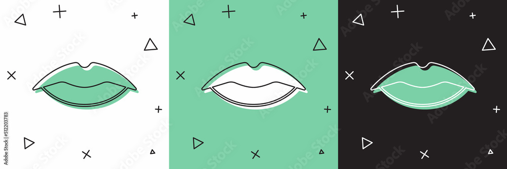 Set Smiling lips icon isolated on white and green, black background. Smile symbol. Vector