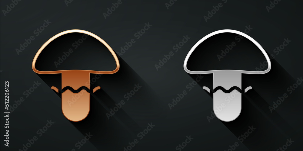 Gold and silver Mushroom icon isolated on black background. Long shadow style. Vector