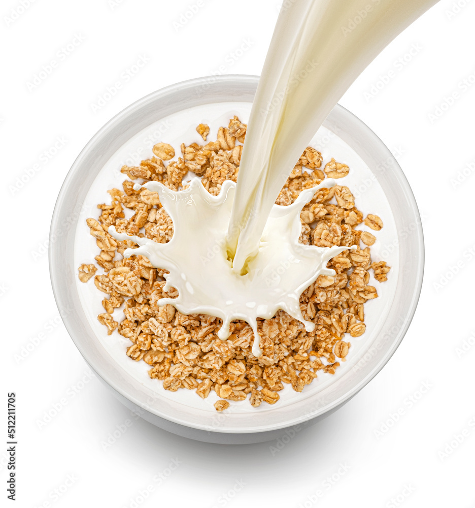 Oat granola with milk isolated on white background, top view