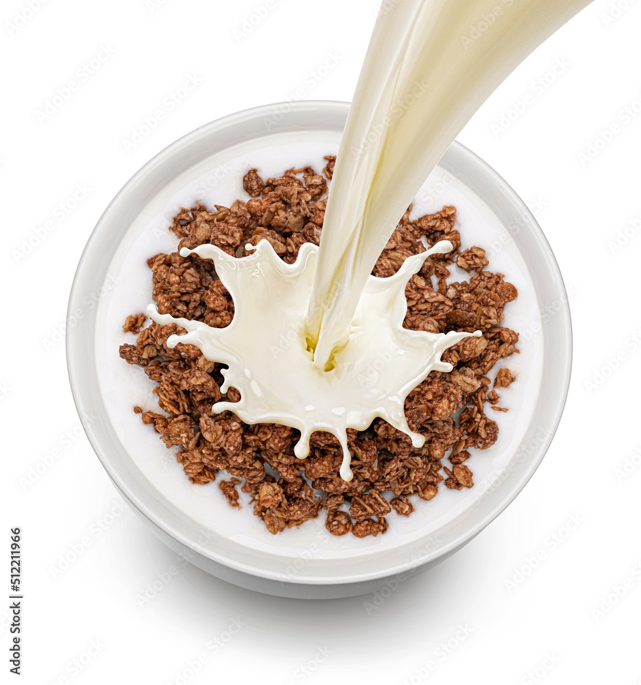 Chocolate granola with milk isolated on white background, top view