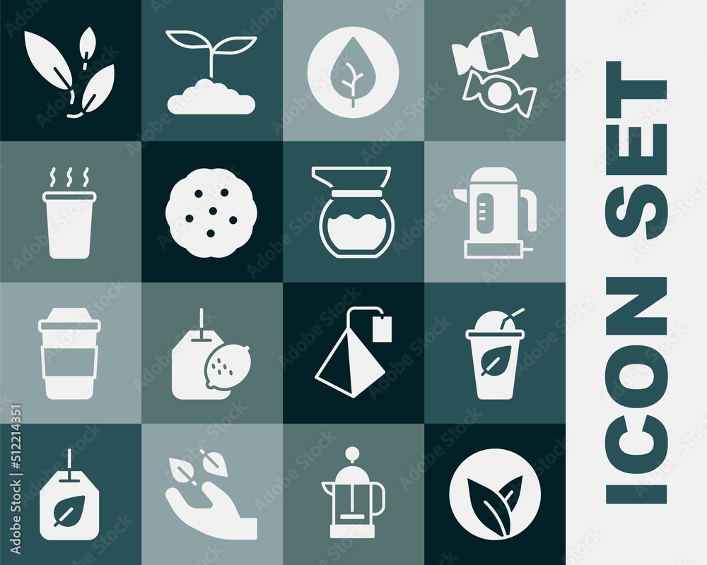 Set Tea leaf, Cup of tea with, Electric kettle, Cookie or biscuit, and Teapot icon. Vector