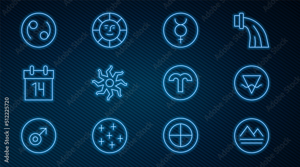 Set line Earth element, Symbol Mercury, Sun, Calendar, Cancer zodiac, Aries and icon. Vector