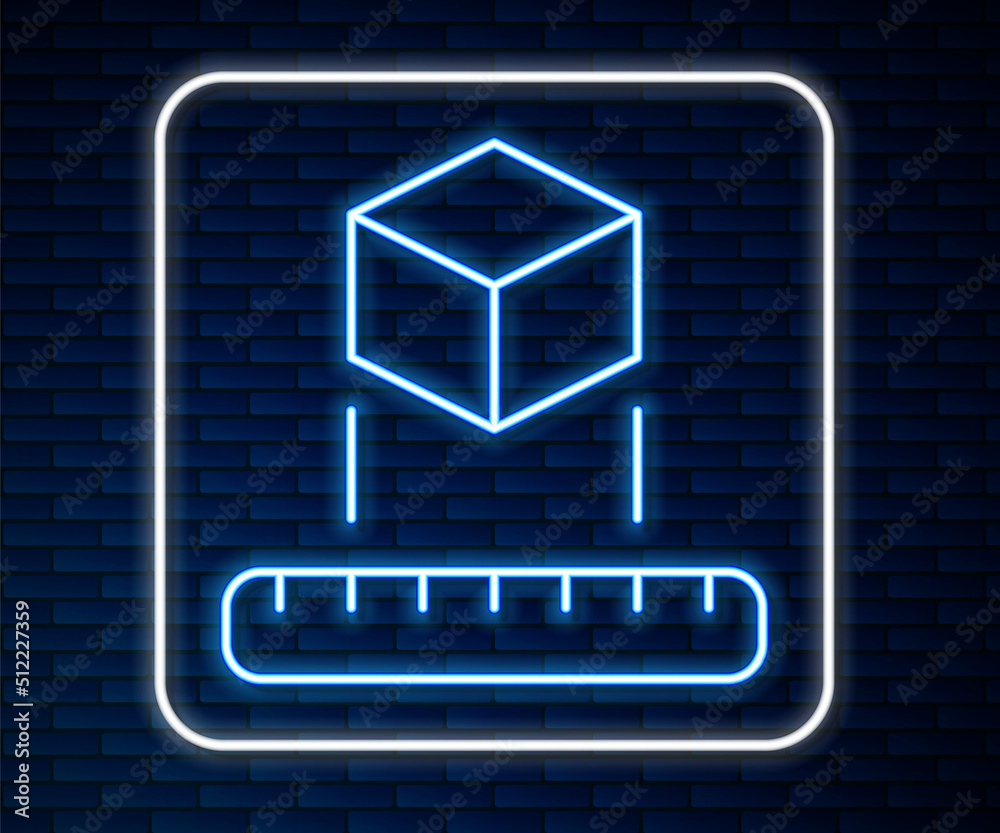 Glowing neon line Isometric cube icon isolated on brick wall background. Geometric cubes solid icon.