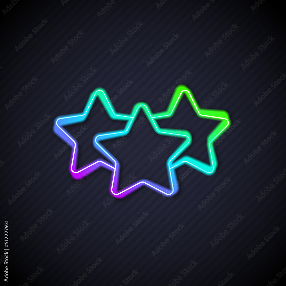 Glowing neon line Five stars customer product rating review icon isolated on black background. Favor