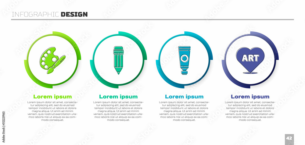 Set Paint brush with palette, Pencil with eraser, Tube with paint palette and Heart with text art. B