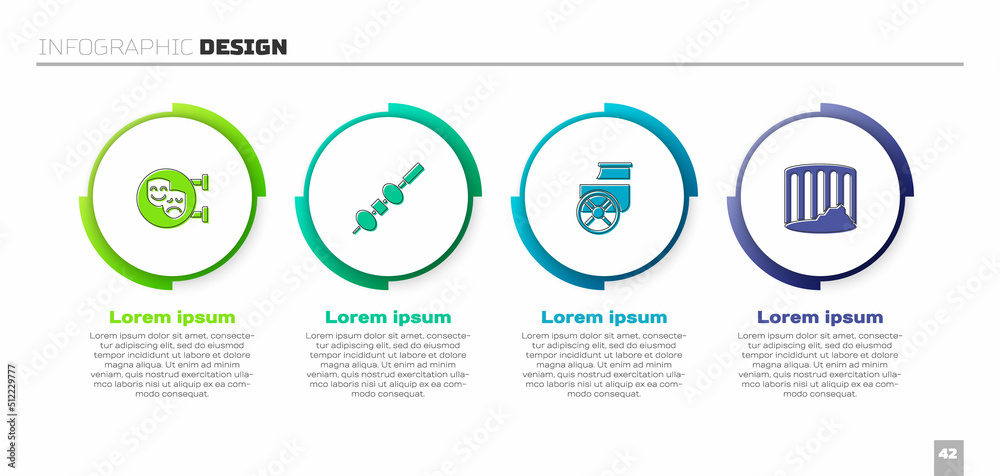 Set Comedy and tragedy masks, Olive cheese on chopstick, Ancient chariot and column. Business infogr