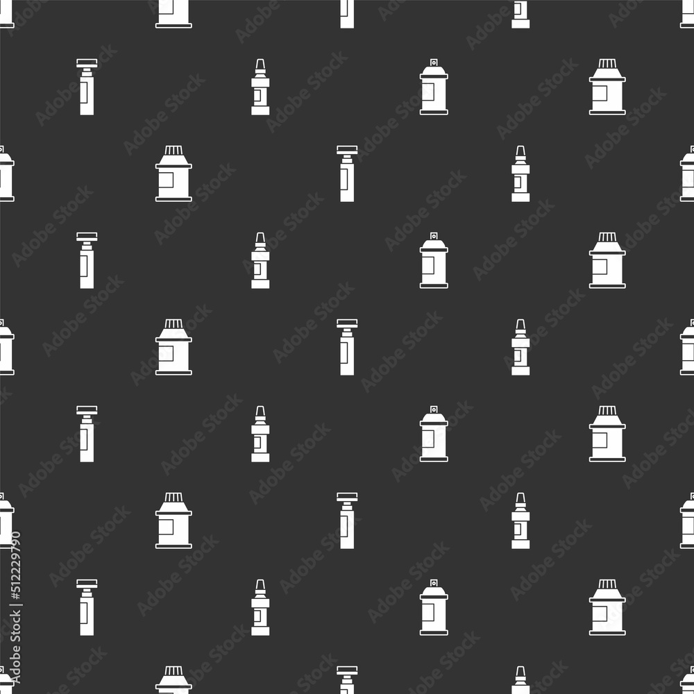 Set Paint spray can, Paint, gouache, jar, dye, Marker pen and on seamless pattern. Vector