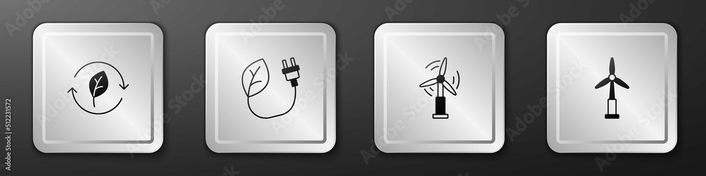 Set Recycle symbol with leaf, Electric saving plug in, Wind turbine and icon. Silver square button. 