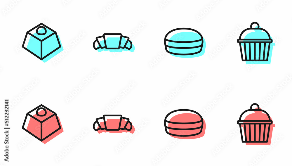 Set line Macaron cookie, Brownie chocolate cake, Croissant and Cake icon. Vector