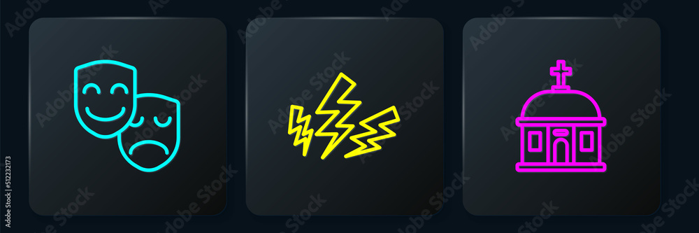 Set line Comedy and tragedy masks, Santorini building and Zeus. Black square button. Vector