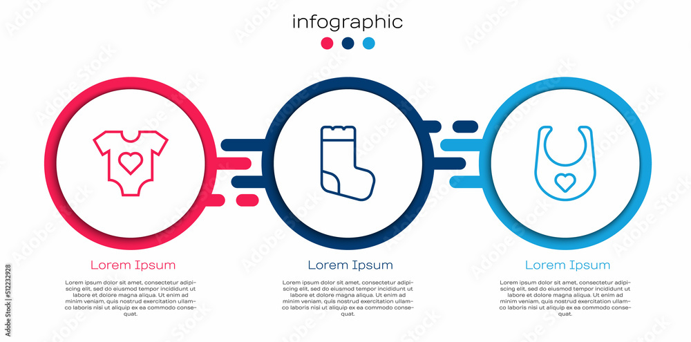 套装婴儿服装、袜子和围兜。商业信息图模板。矢量