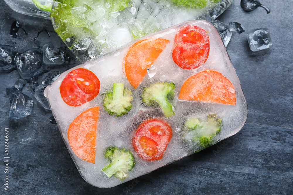 Fresh cut vegetables frozen in ice on dark background