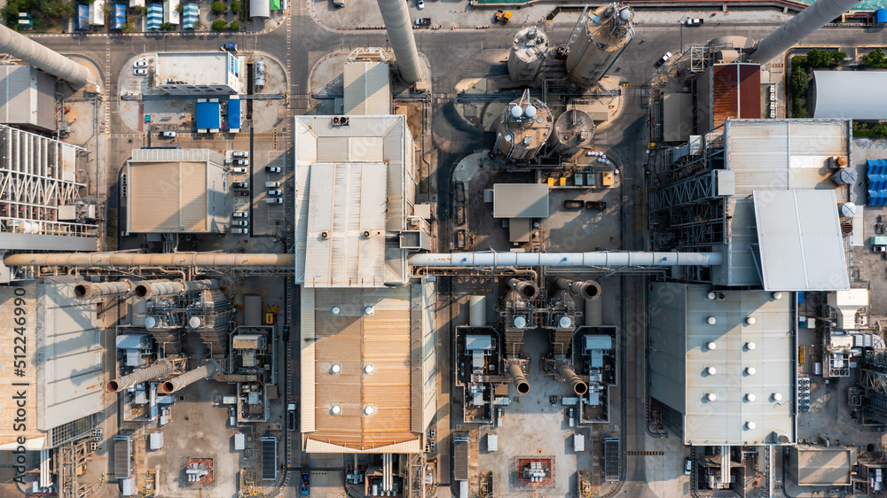 Aerial view electric plants turbine generator in the power plant, Gas turbine electrical power plant