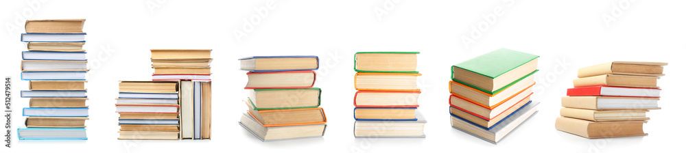 Stacks of many books on white background