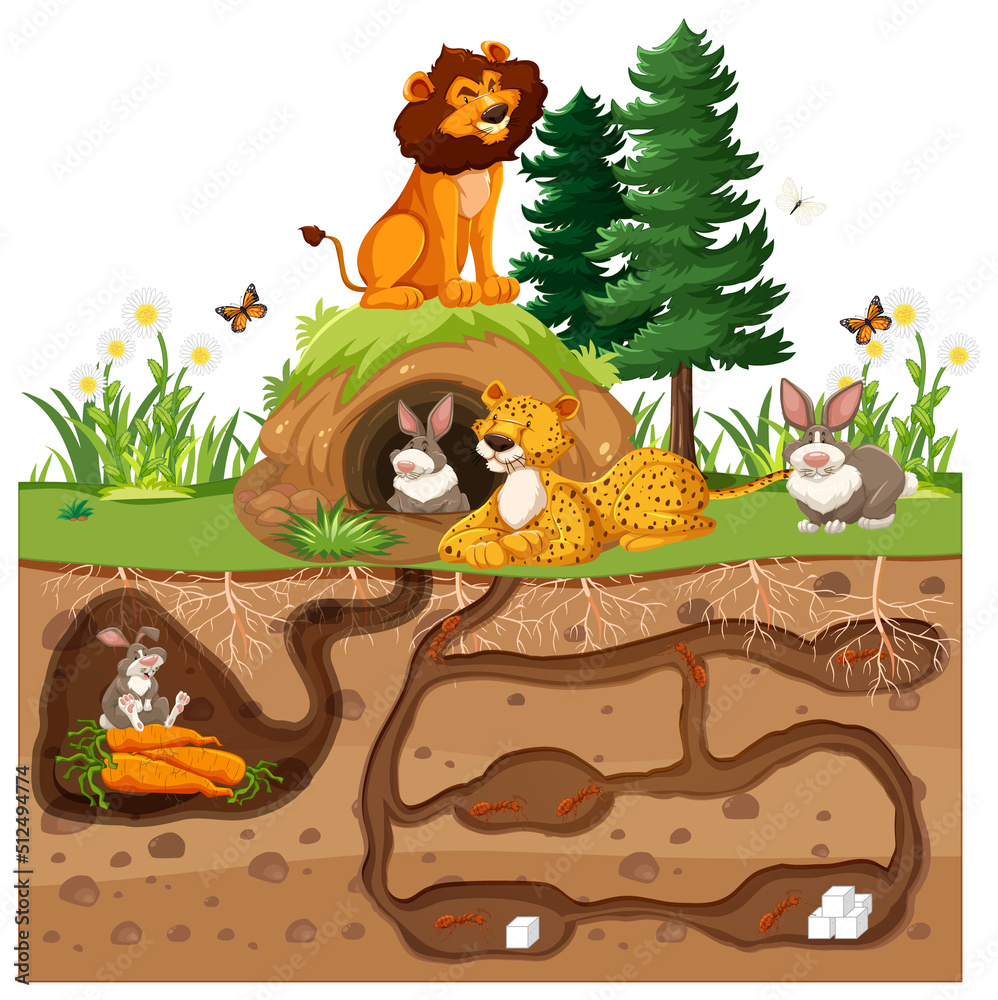 Underground animal hole in cartoon style