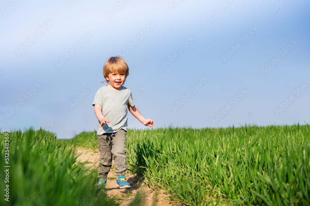 Cute boy run smiling in the clear spring field